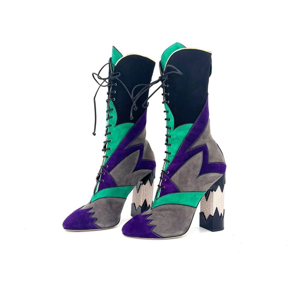 Miu Miu SS2016 Suede Patchwork Colorblock Crystal Embellished High Heel Boots 40